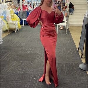 Rusty Party Prom Satin Sheath Puffy Sleeves Maxi Long Sleeve Evening Dre…